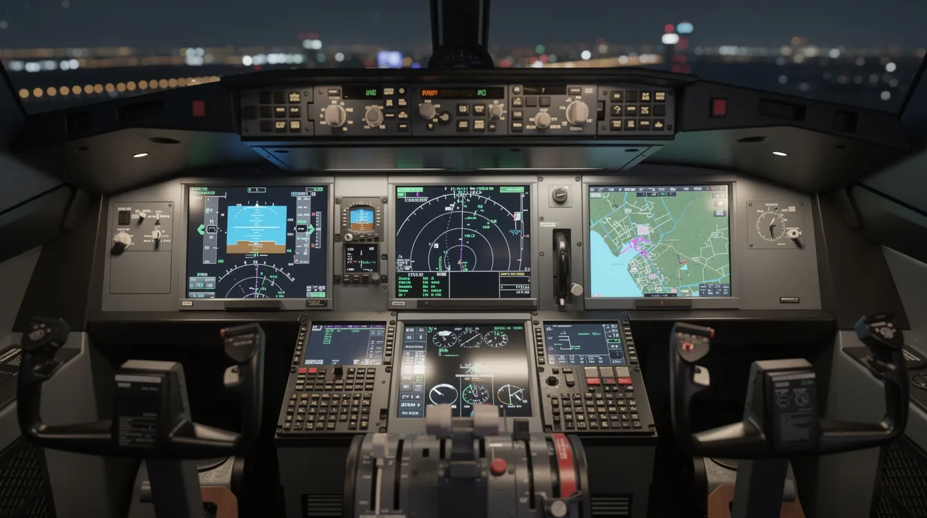 The image shows a close-up view of a modern aircraft cockpit, featuring an array of digital flight instruments and navigation displays that are essential for commercial aviation. The advanced technology depicted highlights the importance of aviation safety and the role of flight crews in ensuring smooth operations during air travel.