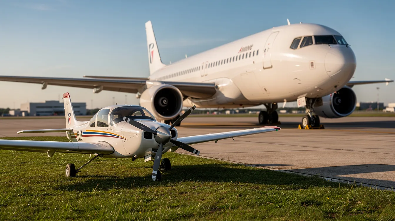 A small single-engine propeller plane is parked on a grassy area next to a large commercial jet on a runway, illustrating the contrast between general aviation and commercial aviation. This scene highlights the aviation industry, where both private aircraft and commercial flights operate in close proximity at international airports.