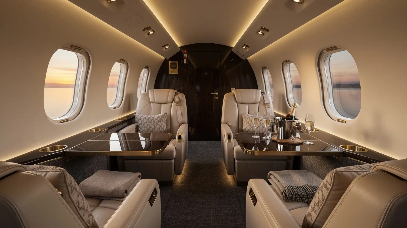 The image depicts the interior of a luxurious private jet cabin, featuring plush leather seats and inviting warm lighting, creating an ambiance of comfort and elegance. This private aircraft represents the pinnacle of air travel, offering a serene environment away from the concerns of commercial aviation and its associated statistics, such as aviation accident rates.