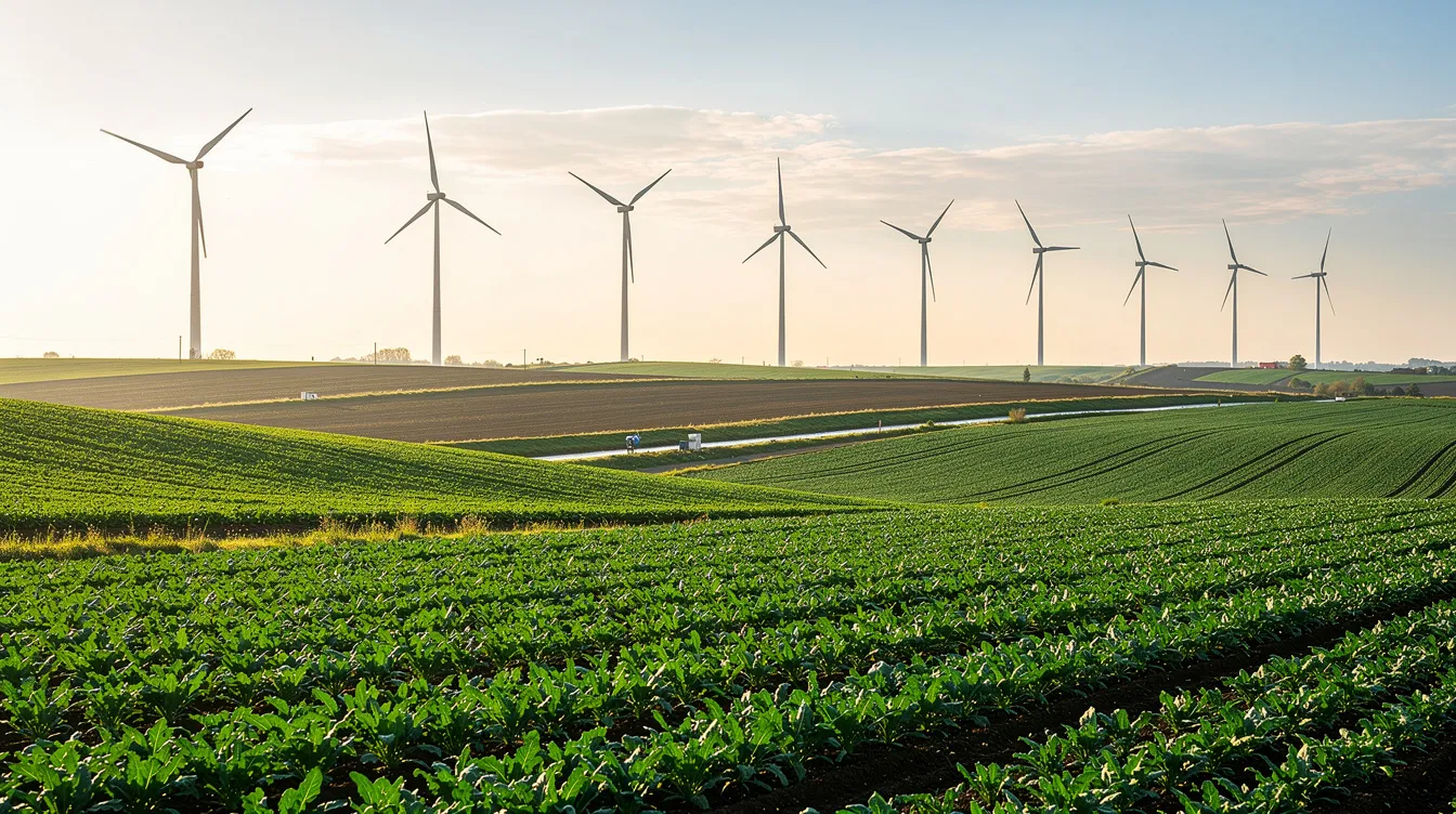 The image depicts a vibrant green agricultural landscape dotted with wind turbines, symbolizing renewable energy and sustainable aviation fuel production. In the background, the turbines highlight a commitment to reducing carbon emissions and promoting eco-friendly energy sources for the aviation industry.