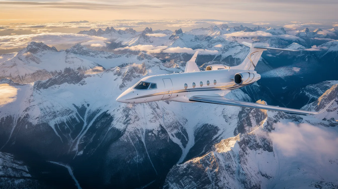 An aerial photograph captures a private jet soaring gracefully above a stunning snow-covered mountain range, showcasing the beauty of aviation in a serene and dramatic landscape. The image highlights the jet's sleek design, emphasizing its role in civil aviation and the use of jet fuel for powerful turbine engines.