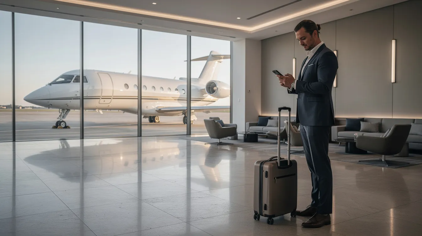 A business traveler is focused on their smartphone while standing in a modern private aviation terminal, with a sleek jet aircraft visible through the expansive floor-to-ceiling windows. The scene reflects the sophistication of civil aviation and the use of jet fuel in powering these luxury jets.