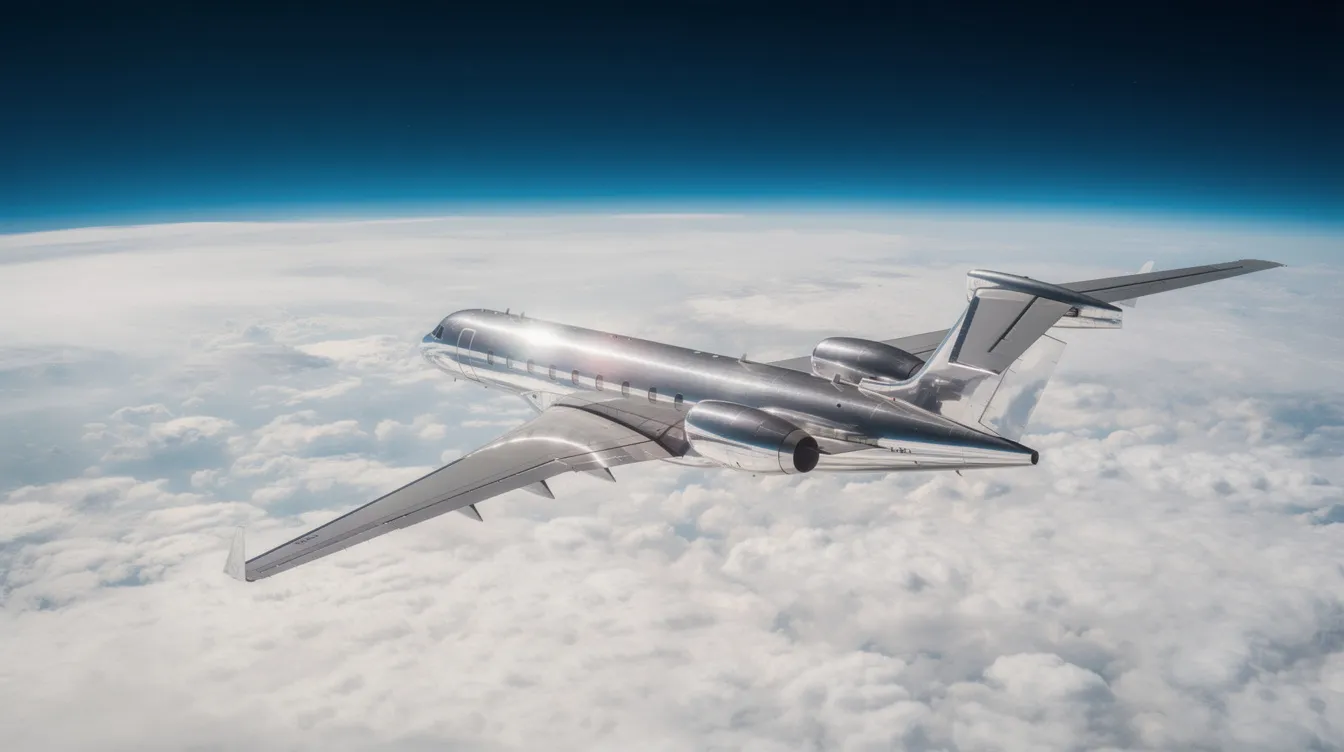 A wide-body private jet soars high above a sea of fluffy white clouds, with the curvature of the Earth visible in the distance, showcasing the elegance of aviation and the efficiency of jet engines. The scene captures the essence of commercial aviation, emphasizing the performance and fuel efficiency of modern jet aircraft.