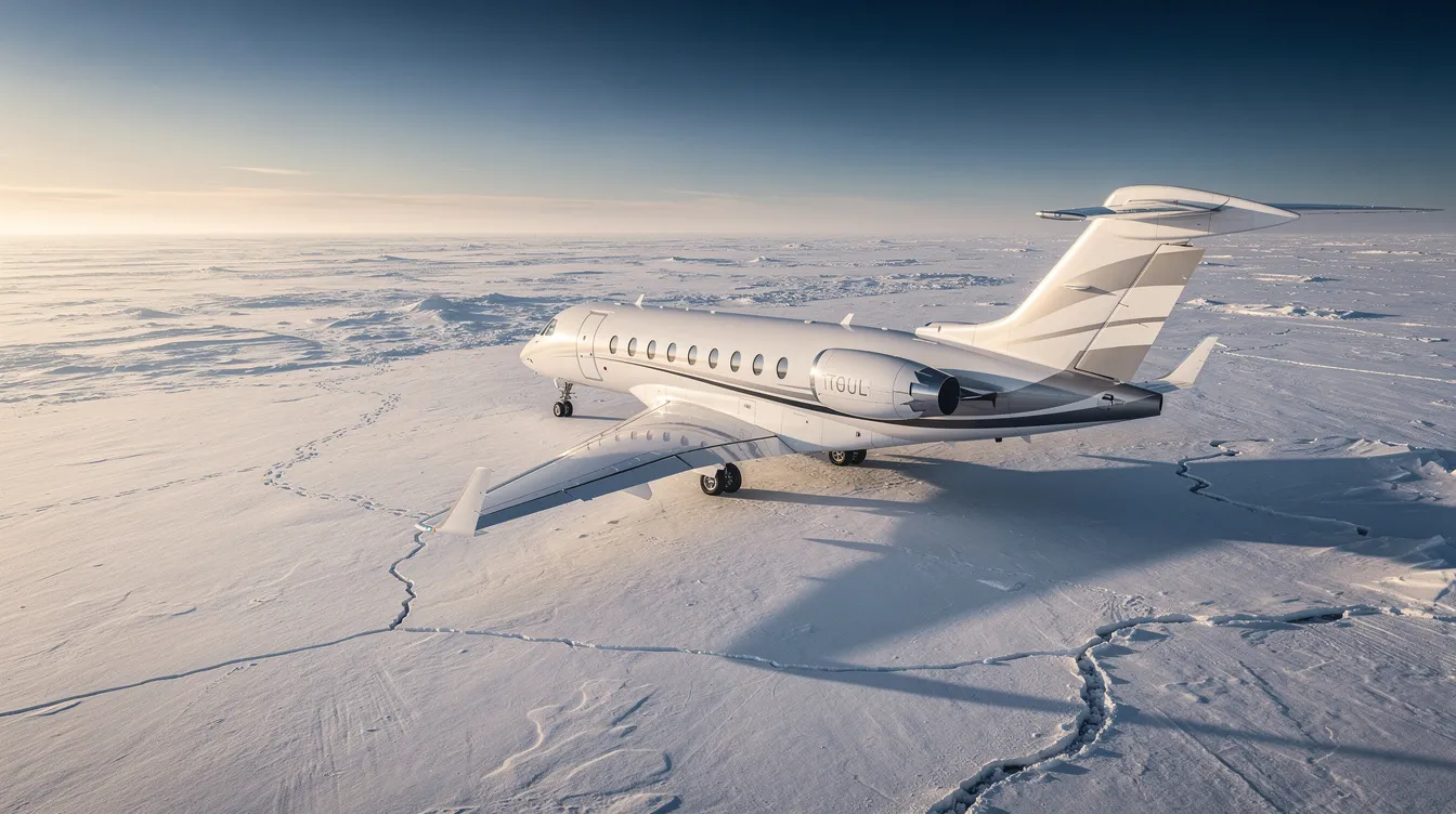 A private jet is soaring over a vast, snowy Arctic landscape, with a clear blue sky above, showcasing the beauty of aviation in extreme environments. This scene highlights the capabilities of jet aircraft, which often rely on kerosene based jet fuels designed for enhanced cold weather performance.