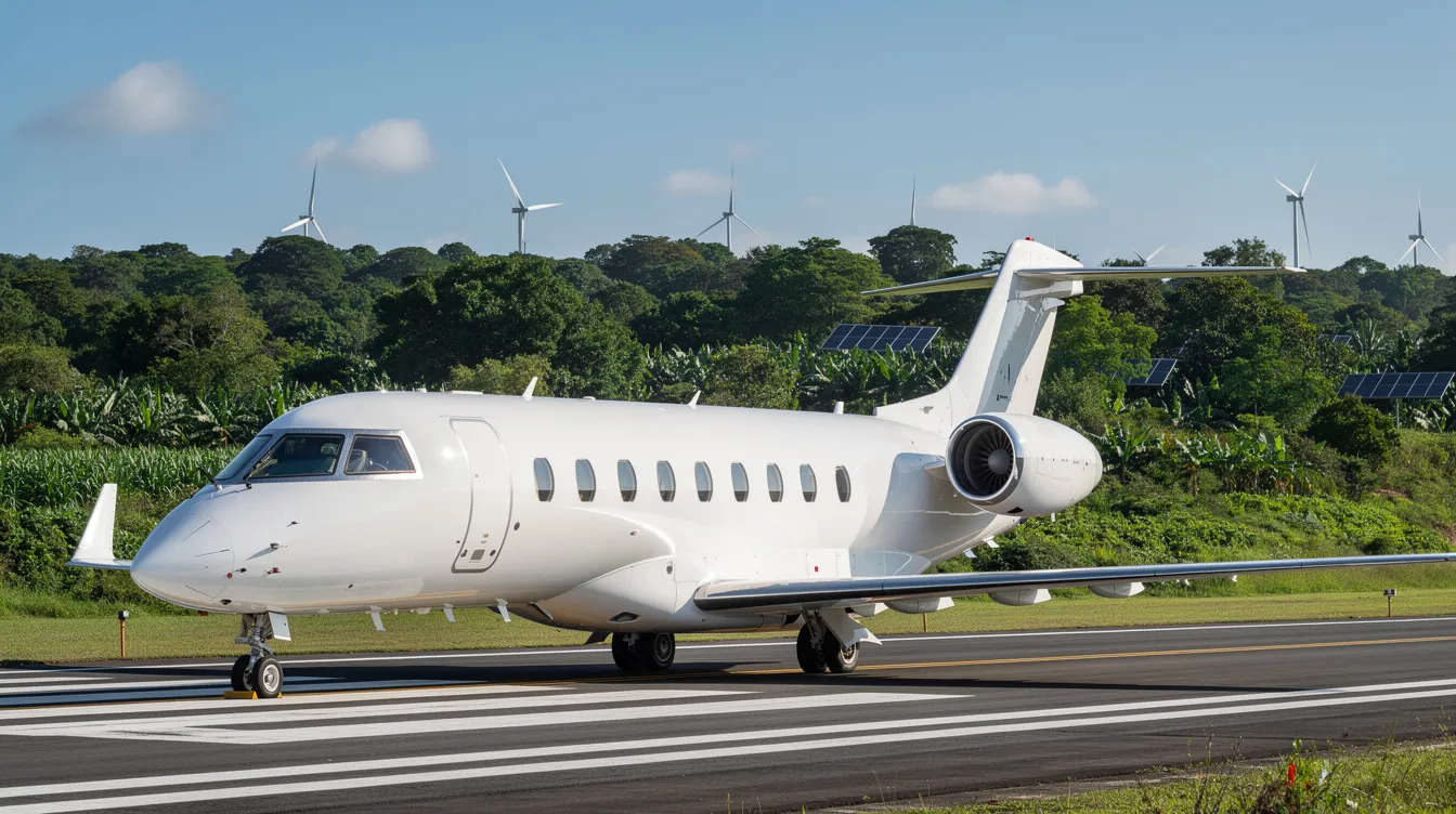 A sleek modern private jet sits on a runway, surrounded by lush green vegetation, symbolizing the shift towards sustainable aviation. The scene highlights the importance of alternative fuels in the aviation sector, emphasizing a commitment to reducing the environmental impact of jet aircraft.
