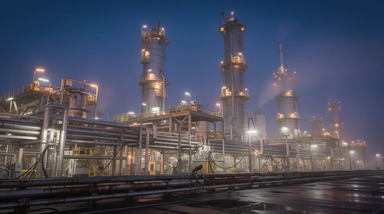 The image depicts an oil refinery at twilight, featuring illuminated distillation towers and intricate piping, showcasing the petroleum refining process. The scene highlights the industrial environment where crude oil is transformed into various petroleum products, including diesel fuel and kerosene.
