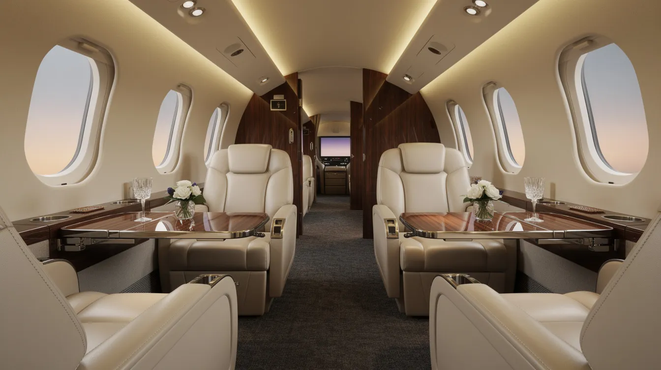 The image depicts the interior of a luxurious private jet cabin, featuring plush leather seats and soft ambient lighting that creates an inviting atmosphere. This elegant space exemplifies comfort and style, ideal for high-end travel experiences.