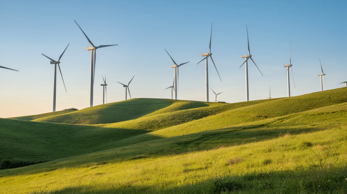 The image depicts several wind turbines gracefully positioned on a lush green hillside under a clear blue sky, symbolizing the shift towards renewable energy sources in contrast to traditional fuels like crude oil and diesel fuel. The serene landscape highlights the importance of clean energy in reducing reliance on petroleum products.