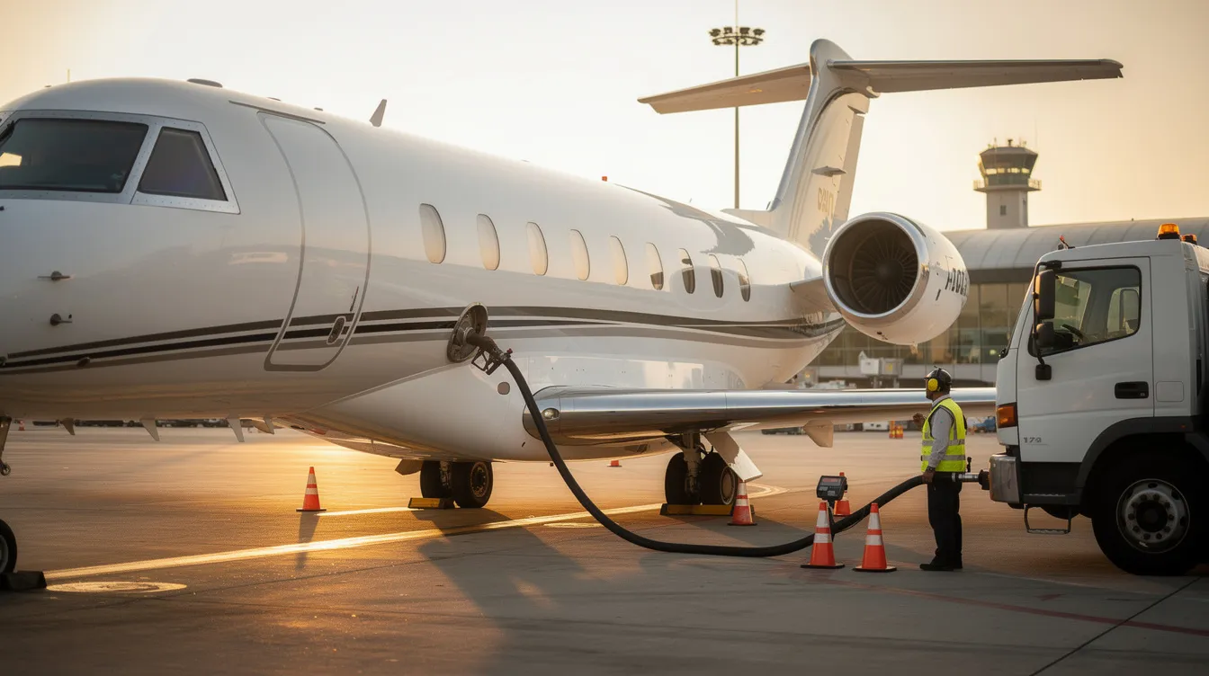 A private jet is being refueled on the tarmac at an airport, with a fuel truck nearby dispensing jet fuel, a type of flammable liquid derived from petroleum. The scene captures the operational aspect of aviation, showcasing the essential process of fueling aircraft for their flights.