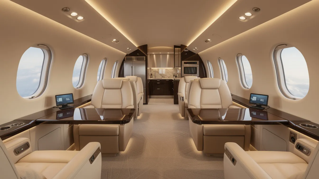 The image depicts the interior of a spacious private jet, featuring luxurious leather seats and soft ambient lighting that creates an inviting atmosphere. This elegant setting highlights the comfort and sophistication often associated with aviation travel, particularly in high-end aircraft that may utilize various aviation fuels like jet A or JP 5.
