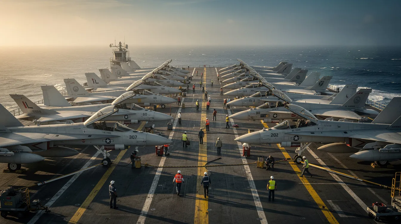 A row of military jets is positioned on the flight deck of an aircraft carrier at sea, with crew members in protective clothing walking between the aircraft. The scene highlights the operational readiness of military aircraft, which utilize various aviation fuels, including jet A and JP 5, essential for their performance specifications.