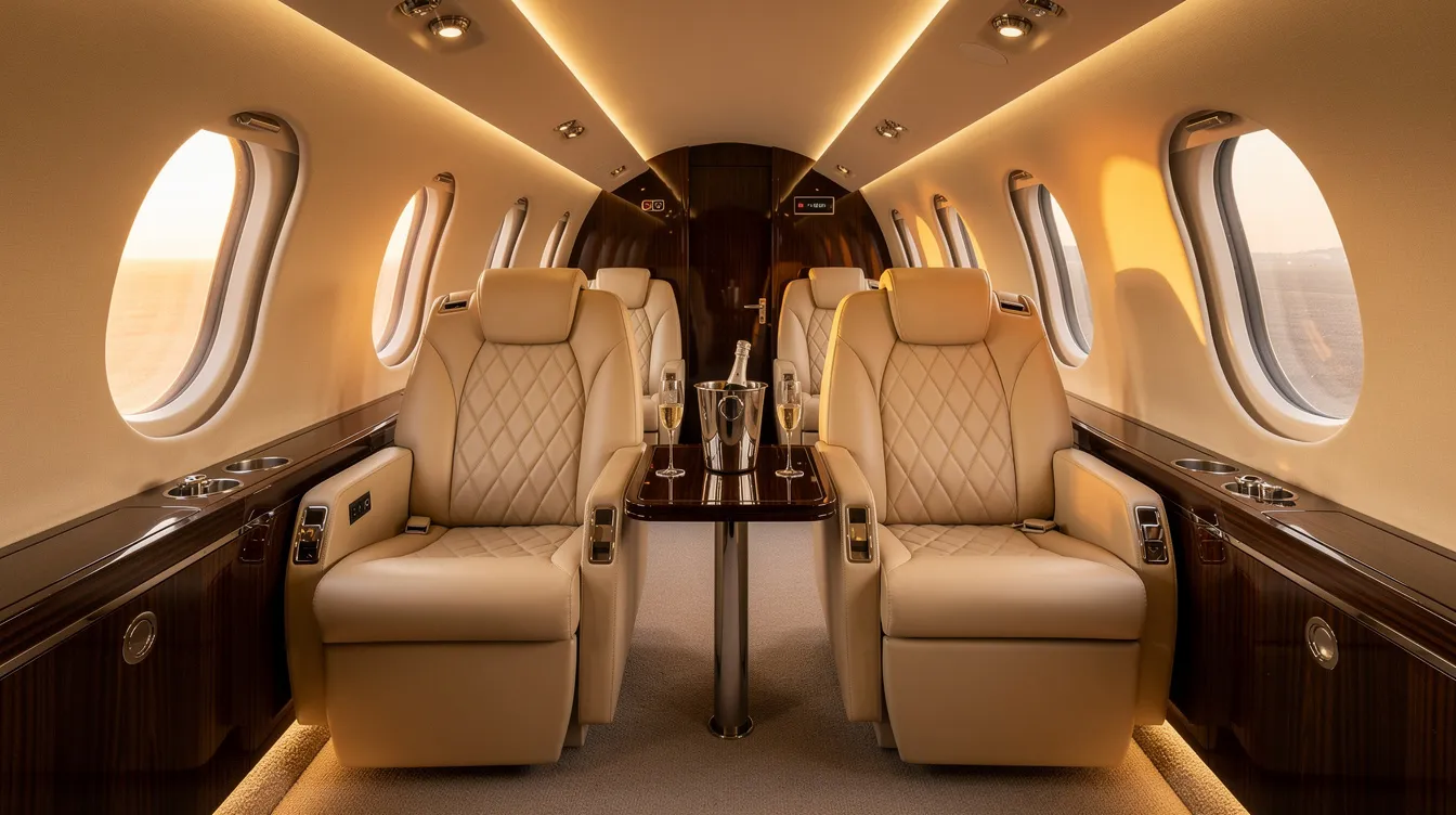 The image showcases the opulent interior of a private jet, featuring plush leather seats and soft ambient lighting that creates a luxurious atmosphere. This premium cabin service is designed for comfort, reflecting the high standards often associated with elite aviation experiences.