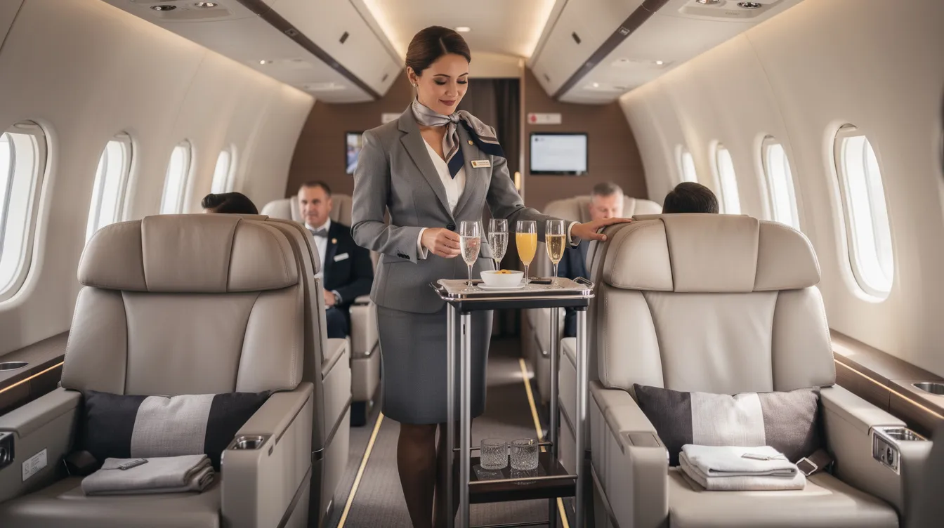 A flight attendant in professional attire is serving beverages in a luxurious first-class airline cabin, showcasing premium cabin service. The elegant setting highlights the attentive role of cabin crew members in providing exceptional service to passengers on international flights.