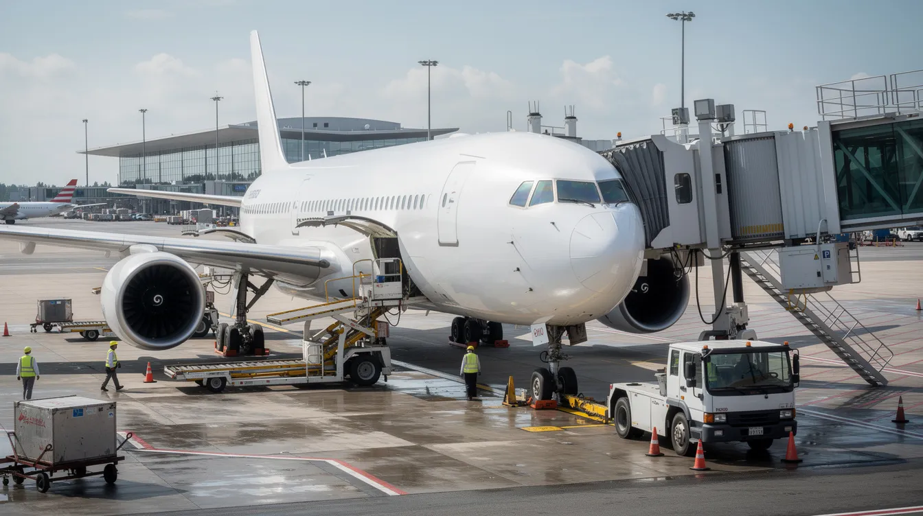 The image shows a wide-body commercial airplane parked at a busy airport gate, with ground crew members actively preparing for the next flight. This scene captures the hustle of the aviation industry, where flight attendants and cabin crew are essential for providing premium service on international routes.