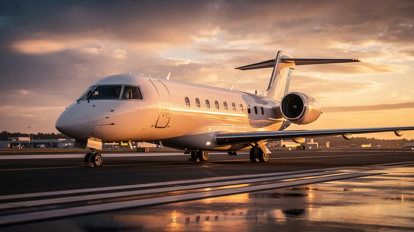 A sleek modern business jet is parked on a runway at sunset, with golden light reflecting off its fuselage, creating a striking visual contrast against the colorful sky. This image captures the essence of luxury travel, often associated with premium cabin service and competitive pay in the aviation industry.