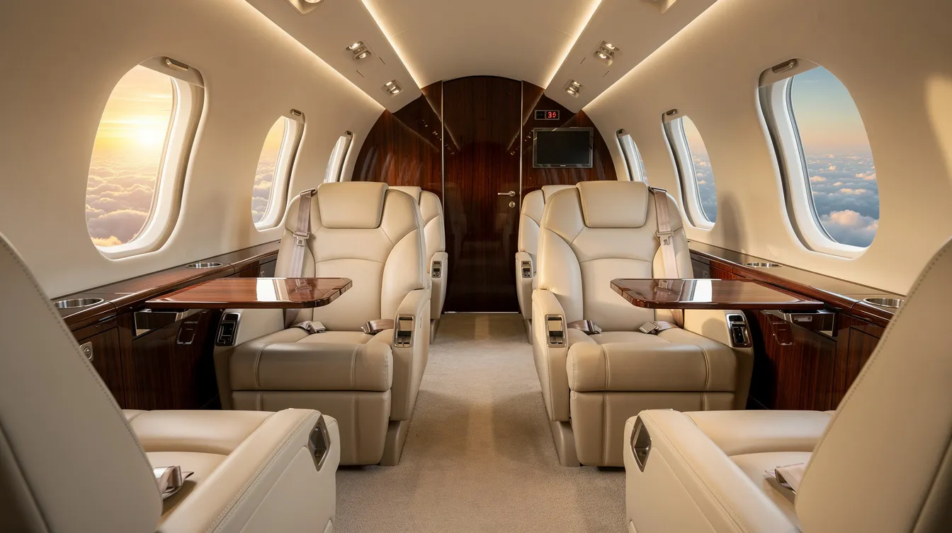 The image depicts the interior of a luxurious private jet cabin featuring cream leather seats and polished wood accents, emphasizing the elegance and comfort of business aviation. This sophisticated environment is ideal for aircraft management clients seeking a premium travel experience.