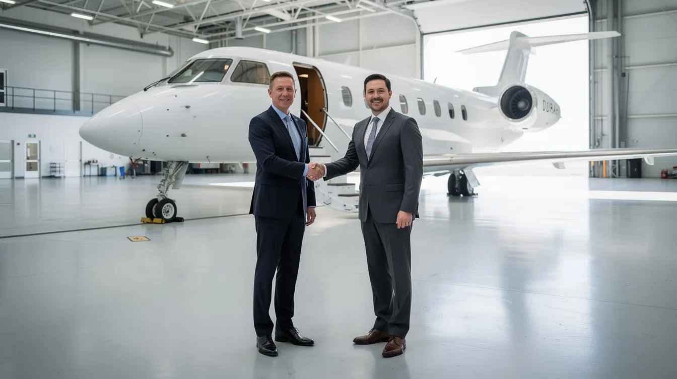 Two professionals in business attire are shaking hands in front of a large corporate jet inside a well-lit hangar, symbolizing successful business development in the aviation sales industry. This image captures the essence of building relationships and closing deals in aircraft sales jobs.