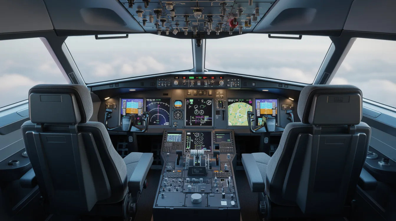 The image depicts a modern commercial jet cockpit featuring advanced digital flight displays and comfortable pilot seats, showcasing the high-tech environment experienced by airline transport pilots. This cockpit reflects the sophisticated design and technology essential for flight training and operations in the aviation industry.
