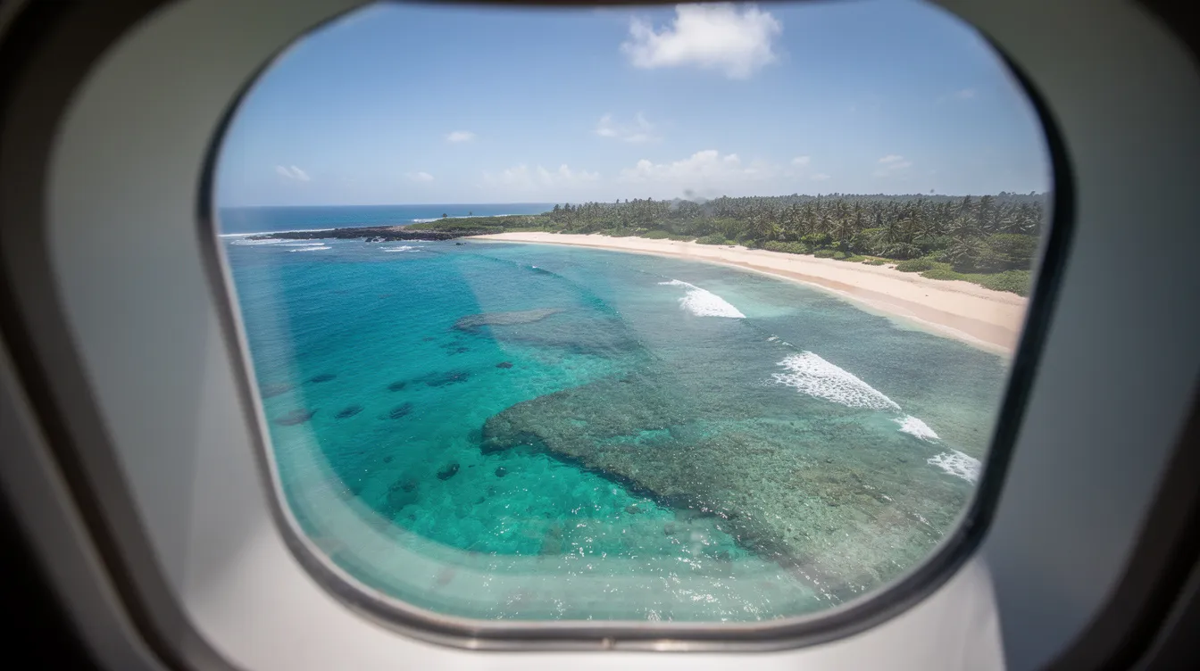 The image shows a breathtaking tropical coastline with vibrant turquoise water seen from the window of an airplane flying at low altitude, providing a glimpse of the stunning scenery below. This view highlights the beauty of air travel and the diverse leisure destinations accessible through the airline industry.