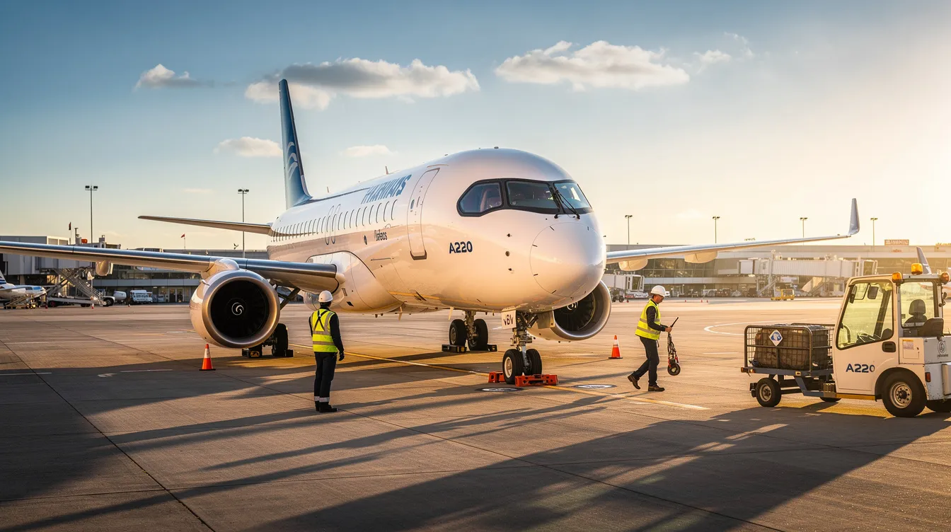 An Airbus A220 aircraft is parked on a sunlit airport ramp, with ground crew members nearby preparing for its next flight. The scene captures the essence of the aviation industry, highlighting the teamwork involved in airline operations.