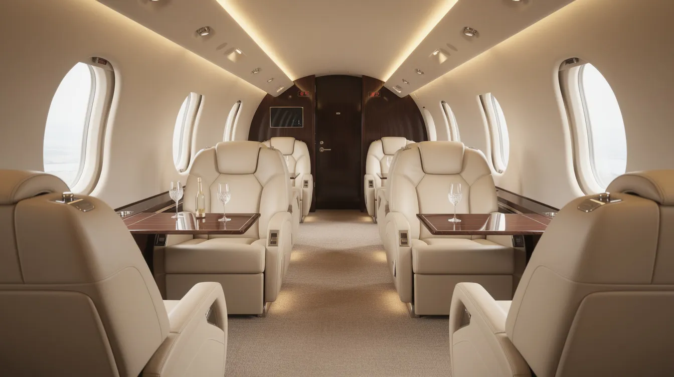 The image showcases the interior of a luxury private jet cabin, featuring plush cream leather seats and sophisticated ambient lighting, creating an elegant and comfortable environment for passengers. This serene setting is ideal for flight attendants to provide exceptional service during multi-day trips to international destinations.