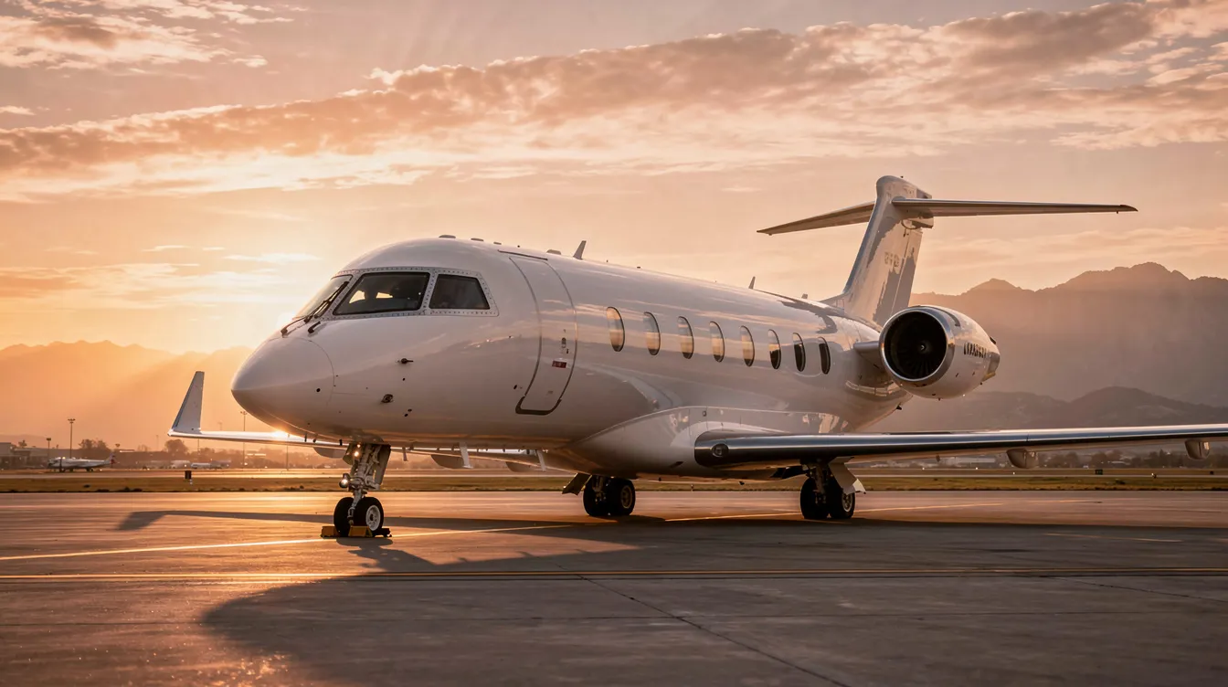 A sleek white private jet is parked on a runway, bathed in the warm glow of a golden sunset, with majestic mountains rising in the background. This scene evokes the luxury associated with private air travel and the aviation industry, highlighting the allure of international destinations.