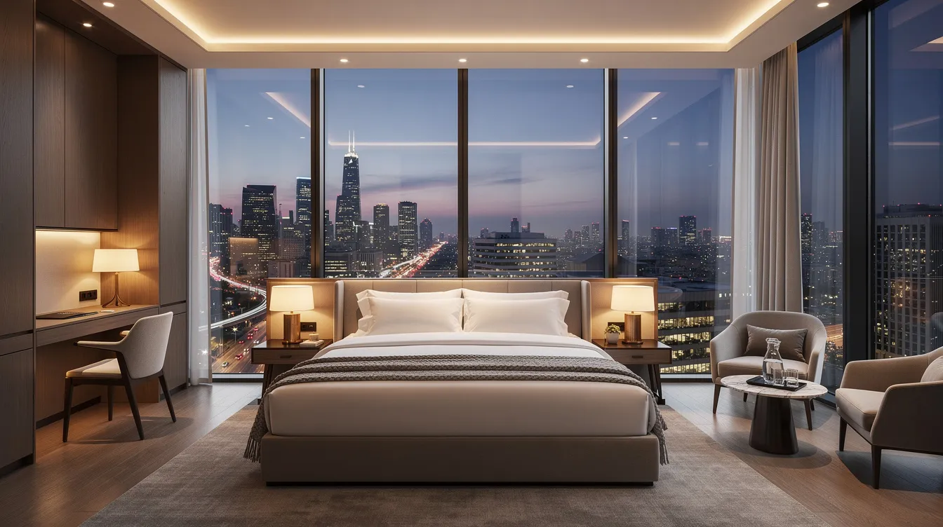 The image depicts a modern luxury hotel room featuring floor-to-ceiling windows that provide a stunning view of a city skyline at twilight, with warm lights twinkling in the distance. This elegant space is perfect for flight attendants on layovers, offering comfortable hotel accommodations after long flight hours.