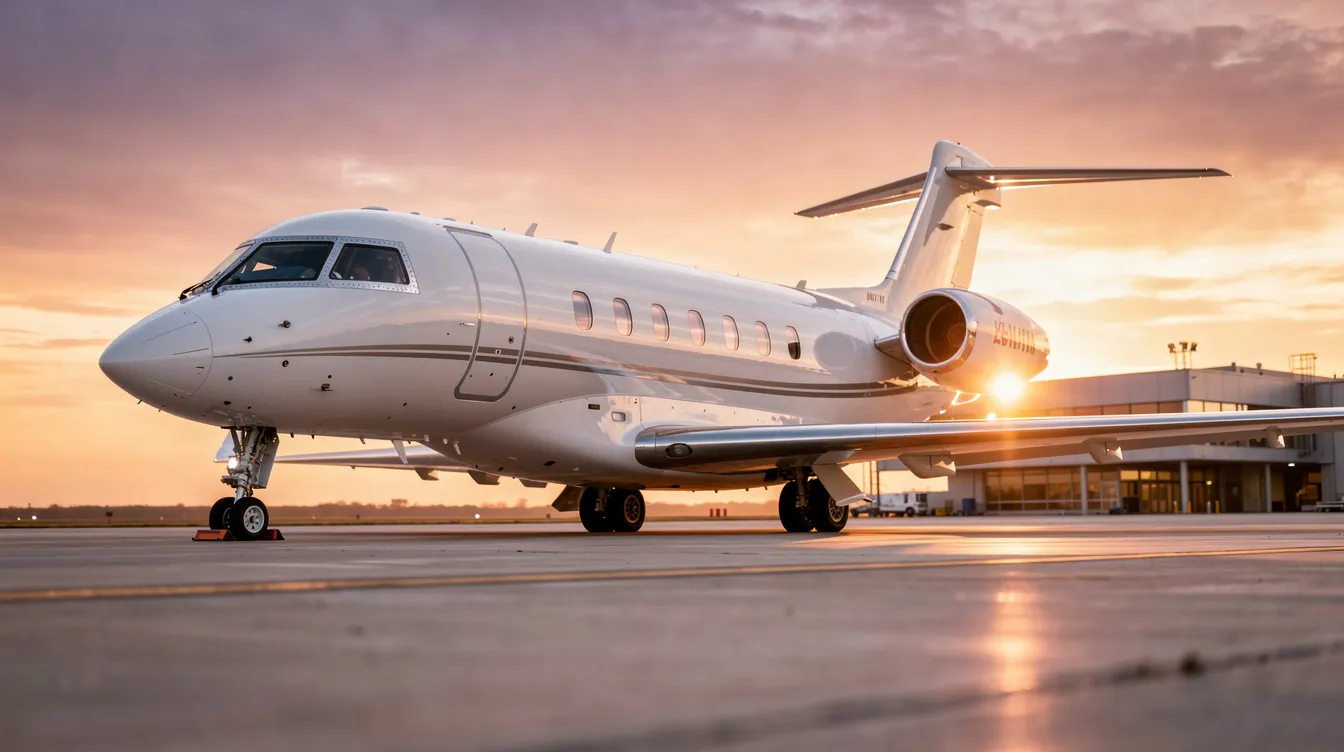 A large-cabin private jet is parked on a private terminal tarmac, silhouetted against a vibrant sunset sky. This luxurious aircraft represents the pinnacle of corporate pilots' careers, offering an exclusive travel experience for those who can afford it.