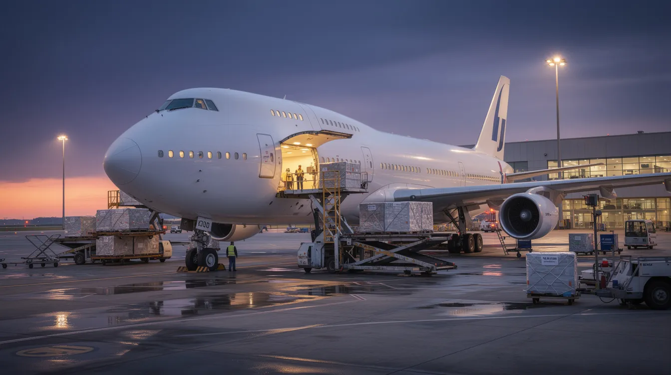 A wide-body cargo aircraft is being loaded with freight containers at a bustling international airport during dusk, with crew members coordinating the operation. This scene highlights the vital role of commercial pilots and cargo pilots in the airline industry, ensuring timely delivery of goods.