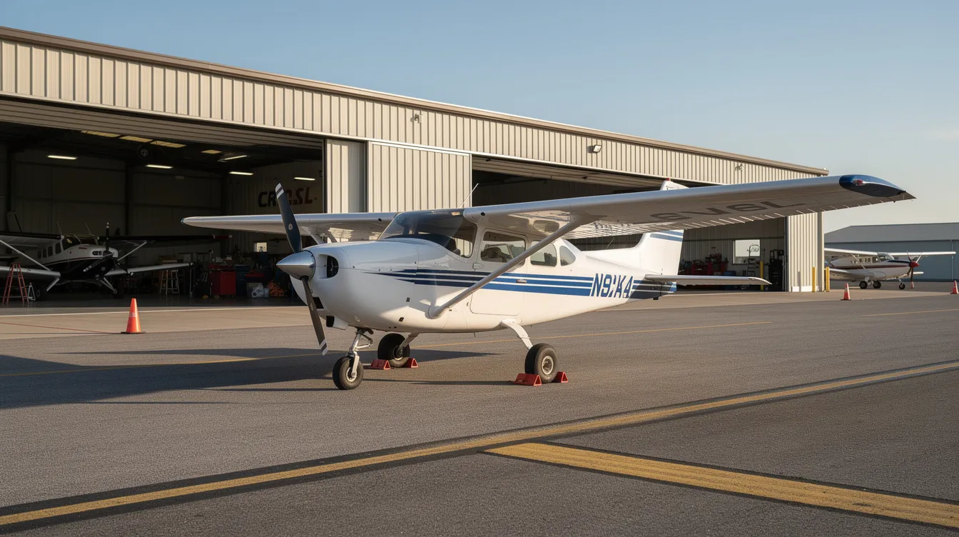 A small training aircraft is parked on a flight school tarmac, with several open hangars visible in the background, indicating a busy environment for aspiring pilots undergoing flight training. This scene highlights the essential setting where student pilots gain flight hours and experience under the guidance of certified flight instructors.