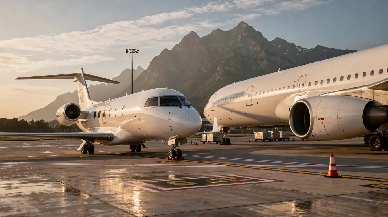 A private jet and a commercial airliner are parked side by side at an airport, with majestic mountains visible in the background. This scene captures the contrast between luxury travel and the bustling airline industry, where flight attendants work for major carriers like Delta Air Lines and United Airlines.
