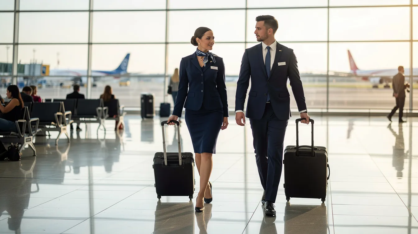 Two flight attendants from Delta Air Lines are walking through an airport terminal, each pulling rolling luggage behind them. They are dressed in professional uniforms, representing the airline industry as they navigate the busy space filled with travelers.