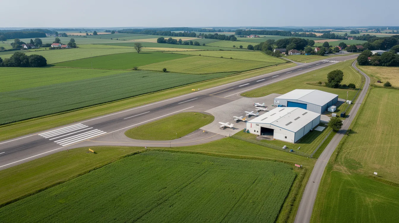 An aerial view of a small regional airport, featuring a single runway and several hangars, is set against a backdrop of lush green countryside. This scene highlights the charm of private aviation, showcasing the convenience and efficiency of private flights compared to commercial air travel.