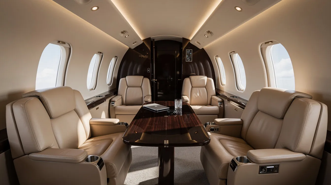 The image depicts the luxurious interior of a private jet cabin featuring beige leather club seating, a polished wood table, and soft ambient lighting, creating an inviting atmosphere for private flight travelers. This elegant space contrasts sharply with the often crowded and less comfortable environment of commercial flights.