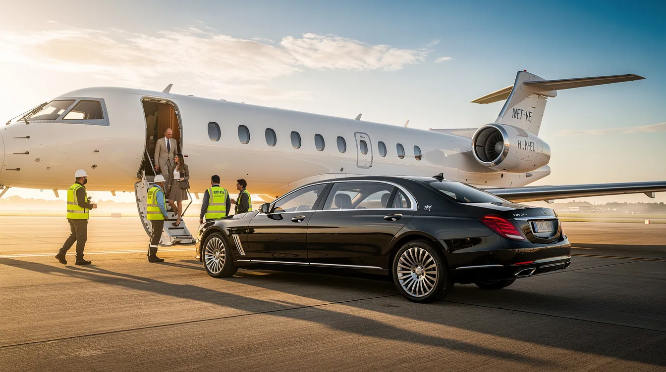 A luxury black sedan is parked next to a sleek private jet on a sunlit tarmac, where ground crew are assisting passengers with their luggage. This scene highlights the exclusive experience of private aviation, offering a hassle-free travel experience away from busy commercial airport terminals.