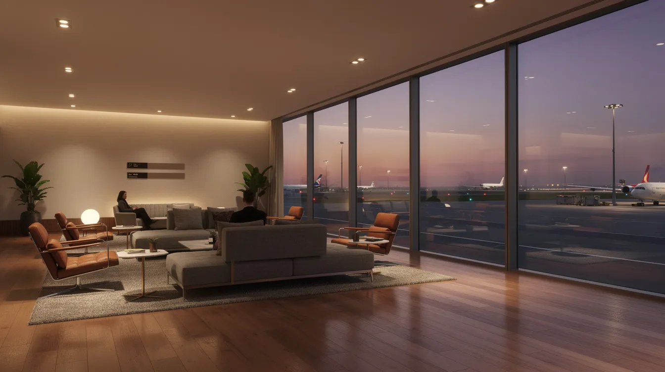 The image depicts an elegant modern airport lounge featuring soft lighting and designer furniture, with large windows providing a view of a quiet airfield at dusk. This private jet terminal experience offers a serene atmosphere for travelers, highlighting the luxury and comfort associated with private aviation services.