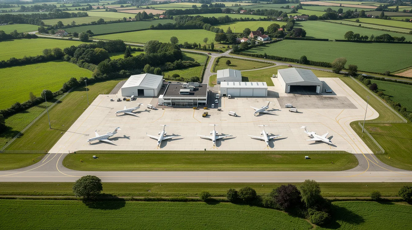 An aerial view of a small business aviation airport showcases several private jets parked on the ramp, surrounded by lush green landscapes. This scene highlights the exclusive access and dedicated facilities offered by private jet terminals, emphasizing the serene atmosphere and significant time savings compared to busy commercial airports.