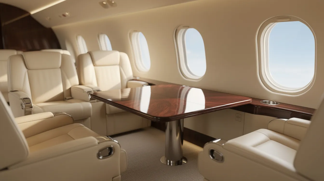 The image showcases the elegant interior of a midsize private jet, featuring cream leather seats arranged around a polished wood table, highlighting the luxurious aspects of private aviation. This setting is ideal for travelers seeking customizable private charter options for their journeys.