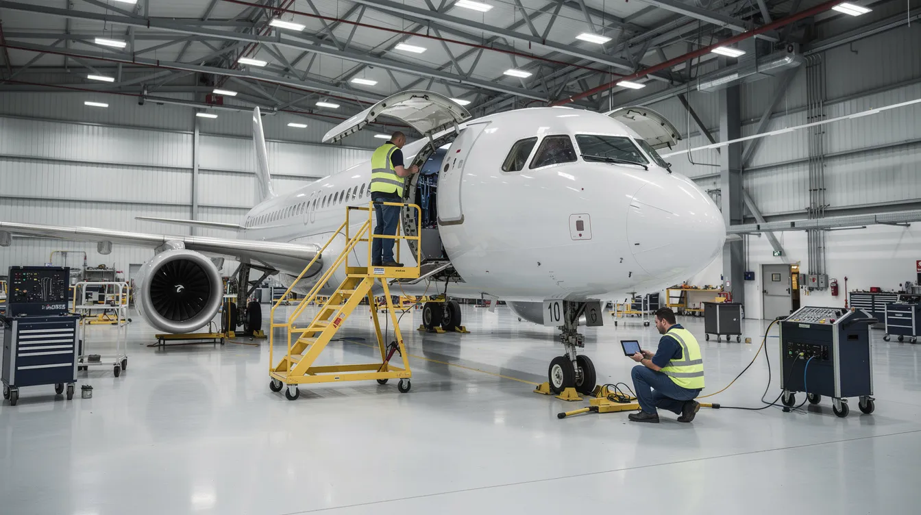 The image depicts a bright and spacious aircraft maintenance hangar where two technicians are inspecting a private jet, emphasizing the importance of maintenance operations in private aviation. This setting reflects the dedication to ensuring the safety and reliability of private jet services for travelers.