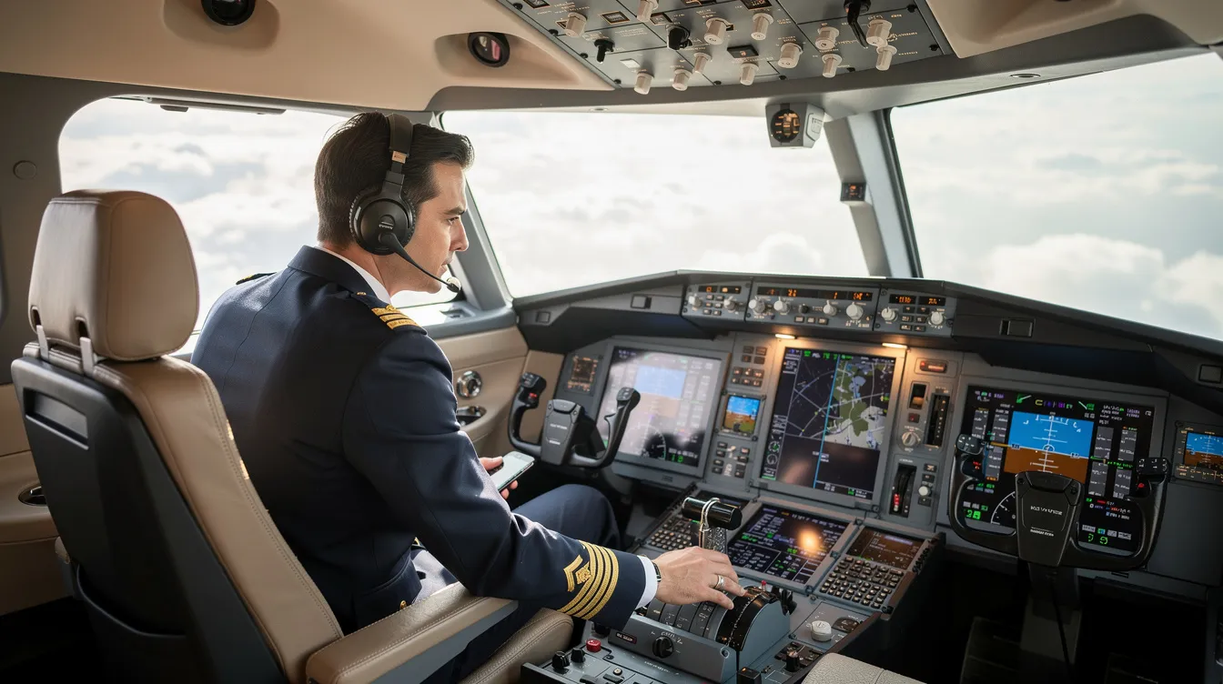 A pilot in uniform is intently reviewing the instruments inside the cockpit of a modern private jet, ensuring safety and efficiency for the upcoming flight. The sleek design of the aircraft highlights its capabilities for personal flying and catering to clients' travel expectations.