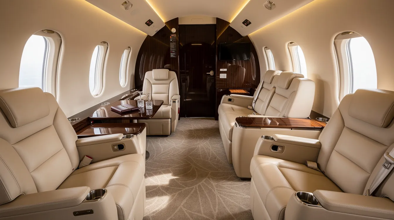 The image depicts the interior of a spacious large-cabin private jet, featuring luxurious cream leather seats and elegant polished wood accents, designed for the comfort of passengers during their journey. This private jet charter offers a stylish and efficient travel experience, catering to clients' expectations for safety and personal service while flying to their desired destination.