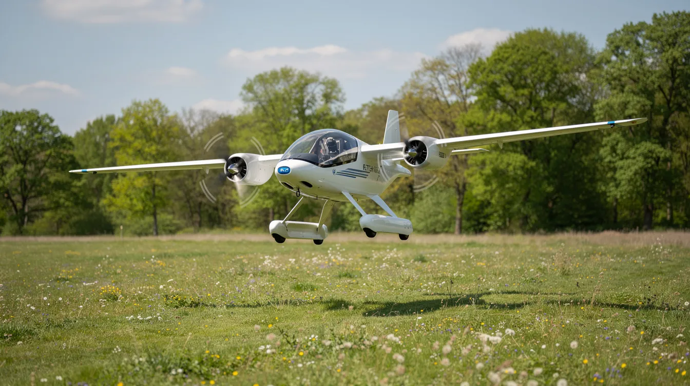 A small single-seat electric aircraft, similar to a Jetson One, hovers gracefully above a lush green meadow, with trees providing a serene backdrop. This innovative aircraft represents the future of personal flying, offering an efficient and eco-friendly transportation option.