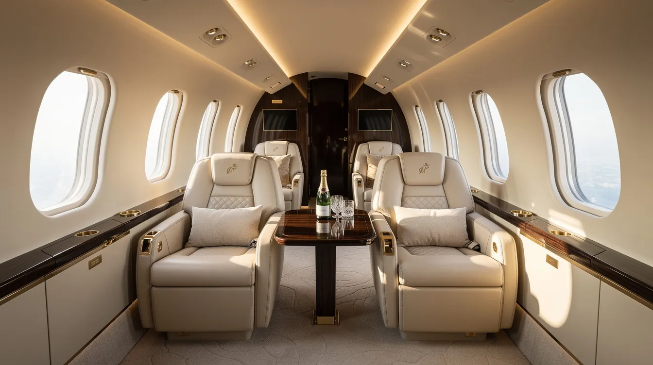 The image depicts the interior of a luxurious private jet cabin, featuring plush leather seats arranged for comfort and large windows that allow natural light to fill the space. This opulent setting is ideal for travelers looking to enjoy their journey, especially during peak travel seasons when high demand can affect availability.