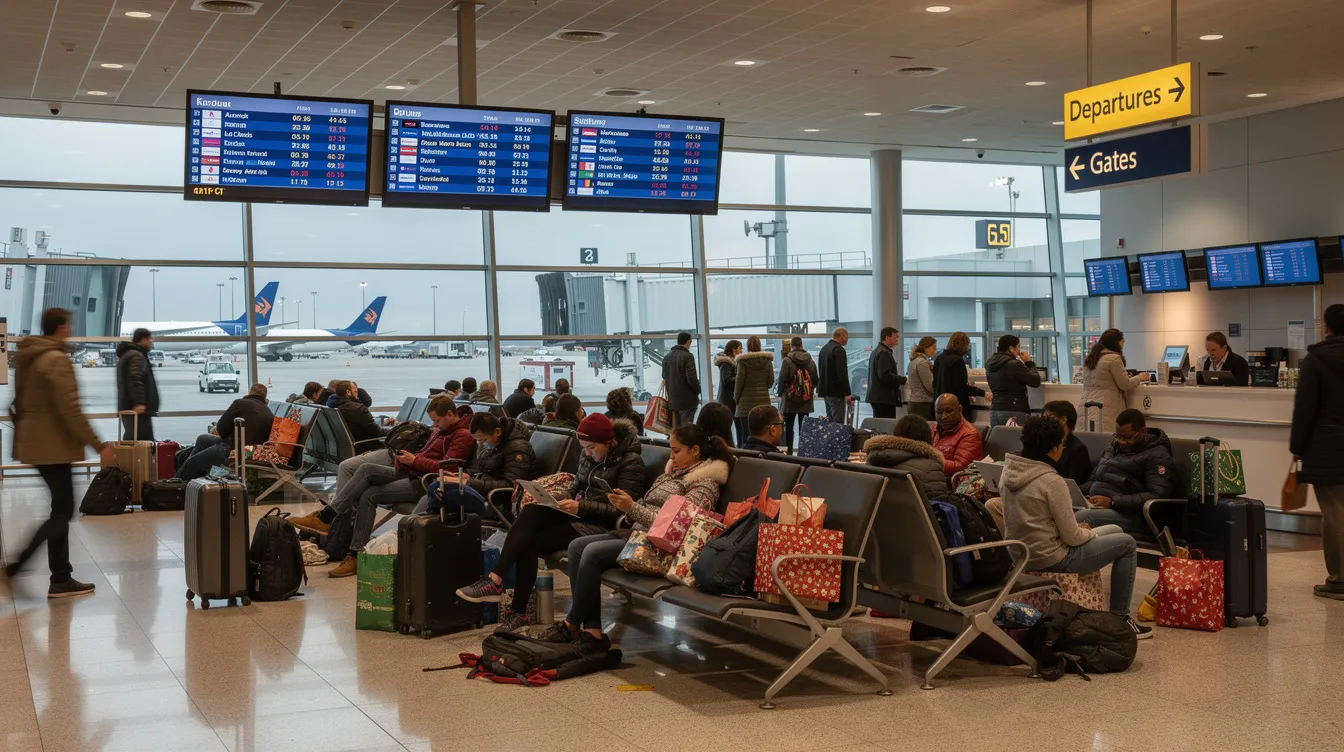 The image depicts a crowded airport departure terminal bustling with travelers waiting at various gates during a busy holiday travel period, highlighting the high demand for flights around peak seasons such as Christmas and New Year. Many travelers are likely navigating their travel plans while considering blackout dates and limited availability for award seats.