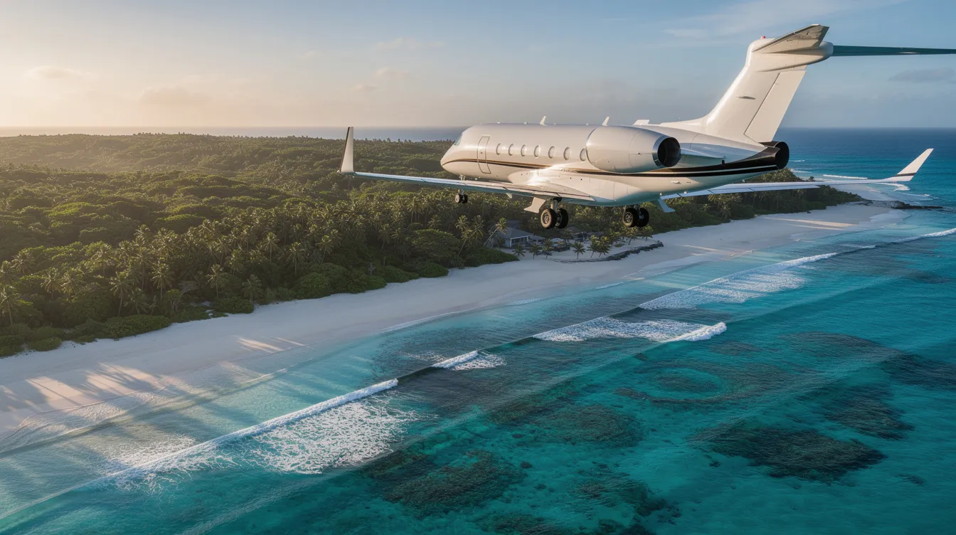An aerial view captures a sleek Gulfstream G650 private jet gliding gracefully over vibrant turquoise coastal waters, with a lush green island below. This luxurious aircraft, known for its maximum range and top speed, epitomizes business aviation excellence and sophisticated design.