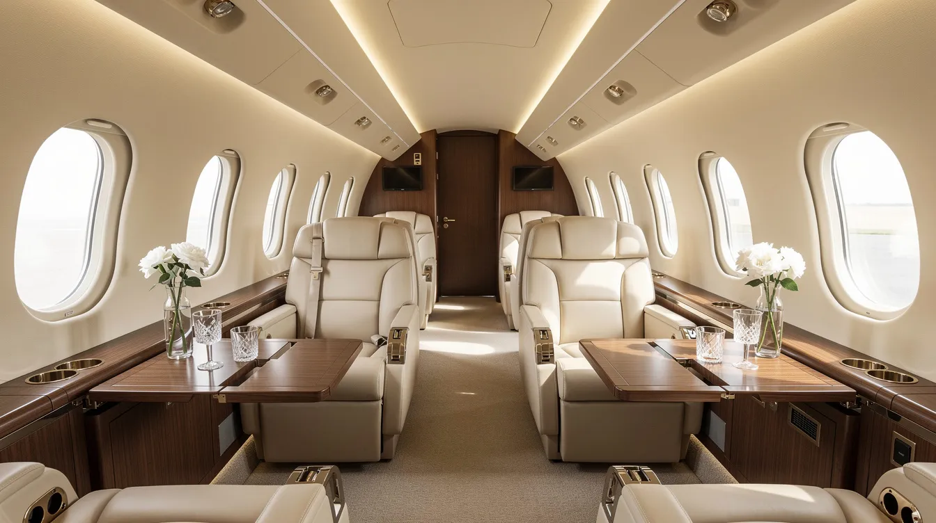 The image showcases the interior of a luxurious Gulfstream G650 private jet cabin, featuring spacious wide leather seats and warm wood finishes. Natural light streams through oval windows, creating an inviting atmosphere for passengers to relax and enjoy the sophisticated design and entertainment features.
