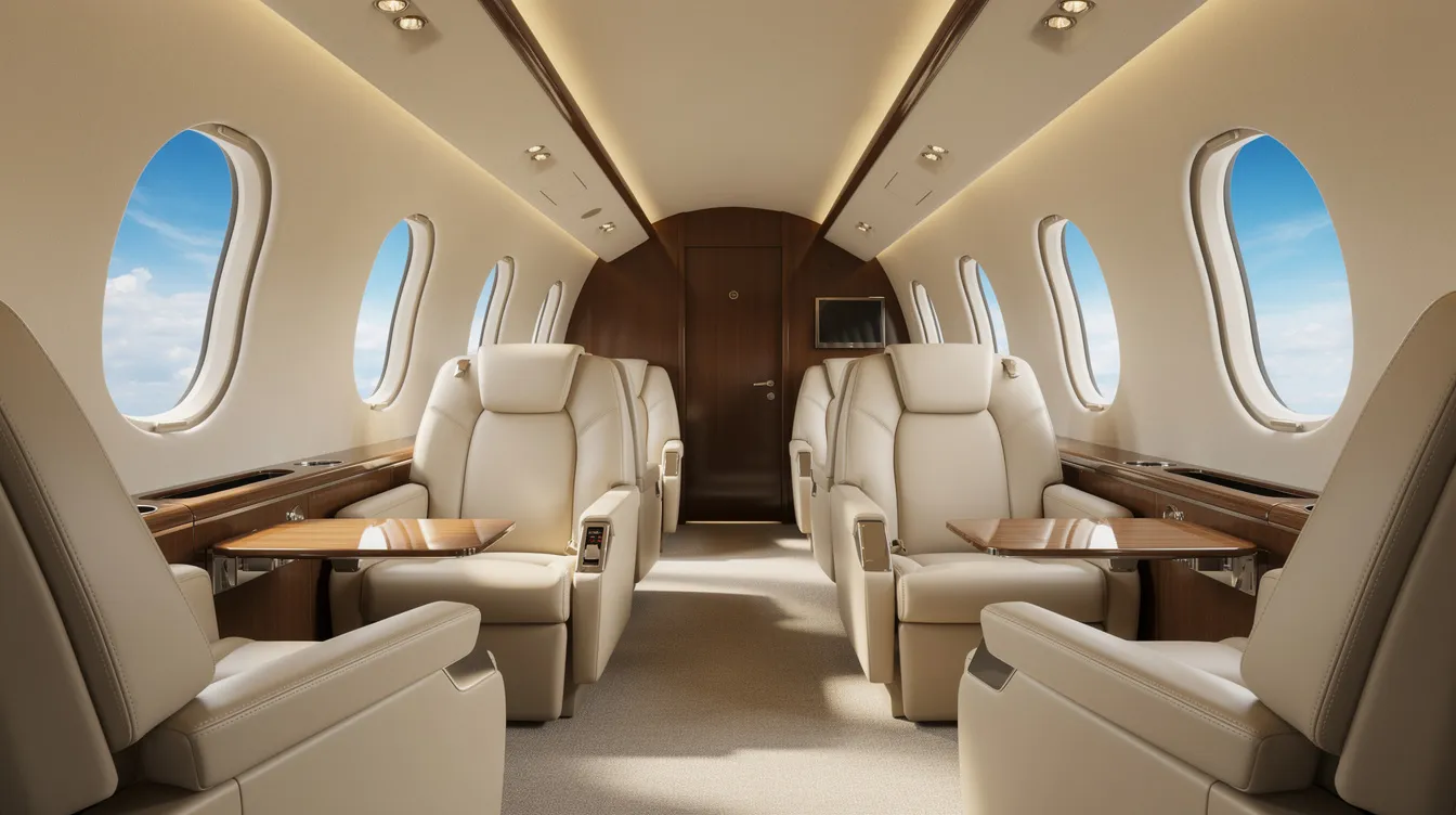 The image depicts the interior of a modern business jet cabin featuring cream leather seats and warm ambient lighting, with large oval windows revealing a bright sky, perfect for high-speed flights in business aviation. This luxurious space exemplifies the comfort and efficiency expected from Gulfstream aircraft models.