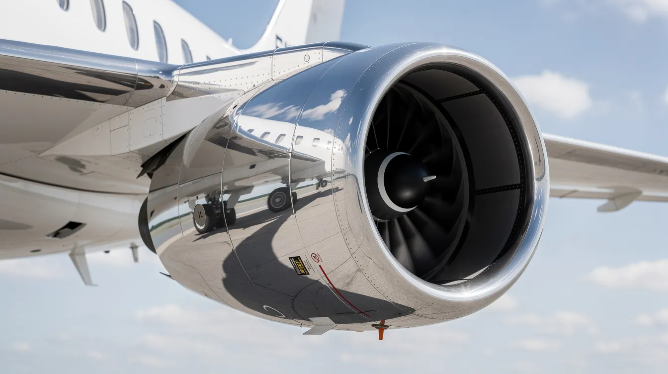 A close-up view of a modern jet engine on the wing of a business aircraft, showcasing a polished metallic nacelle that reflects the sky. This image highlights the advanced design typical of business aviation, emphasizing the efficiency and high-speed capabilities of aircraft models like those produced by Gulfstream Aerospace.