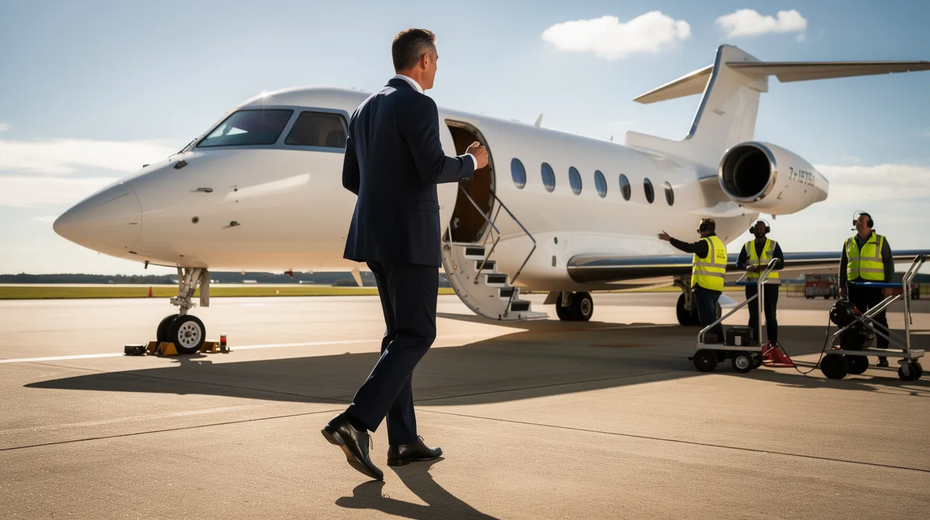 An executive in a tailored business suit walks confidently toward a large white business jet on a sunlit tarmac, with ground crew members standing nearby, ready to assist. This scene showcases the elegance and efficiency of business aviation, highlighting the luxurious lifestyle associated with high-speed aircraft models like the Gulfstream.
