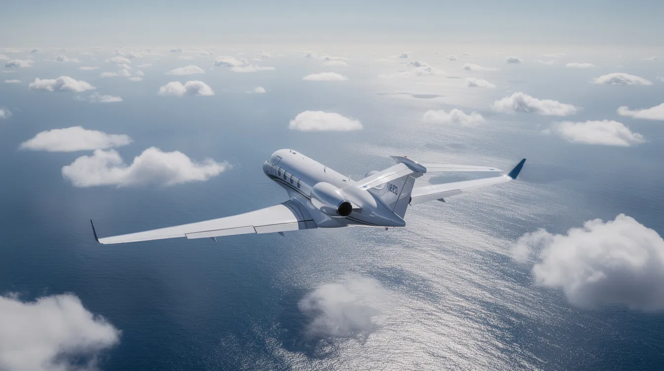 An aerial view captures a Gulfstream G650 private jet soaring high above a vast ocean, with fluffy clouds drifting below. This image showcases the aircraft’s sleek design and emphasizes its role in business aviation, highlighting its impressive performance and maximum operating speed.